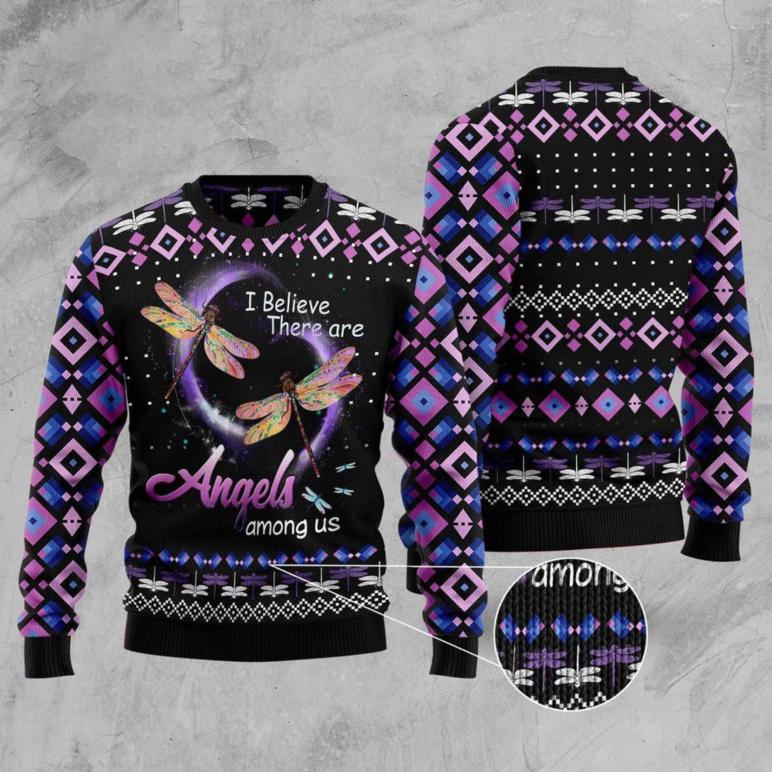FUNSTUFFPRINT Dragonfly Angels Ugly Christmas Sweater, Christmas Sweater, Ugly Sweater, Funny Xmas Sweaters Ugly Sweater