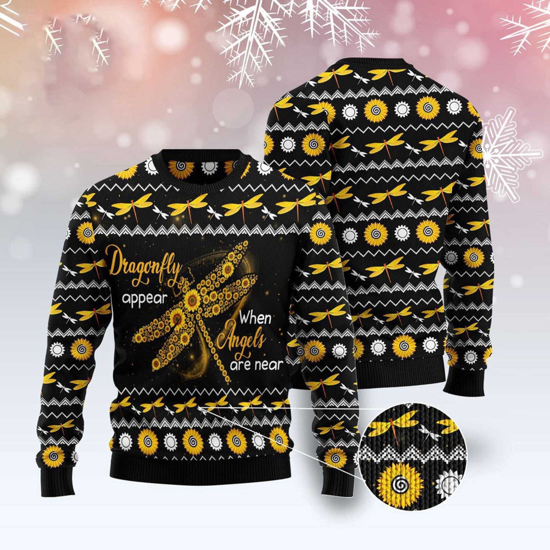FUNSTUFFPRINT Dragonfly Sunflower Ugly Christmas Sweater, Christmas Sweater, Ugly Sweater, Funny Xmas Sweaters Ugly Sweater