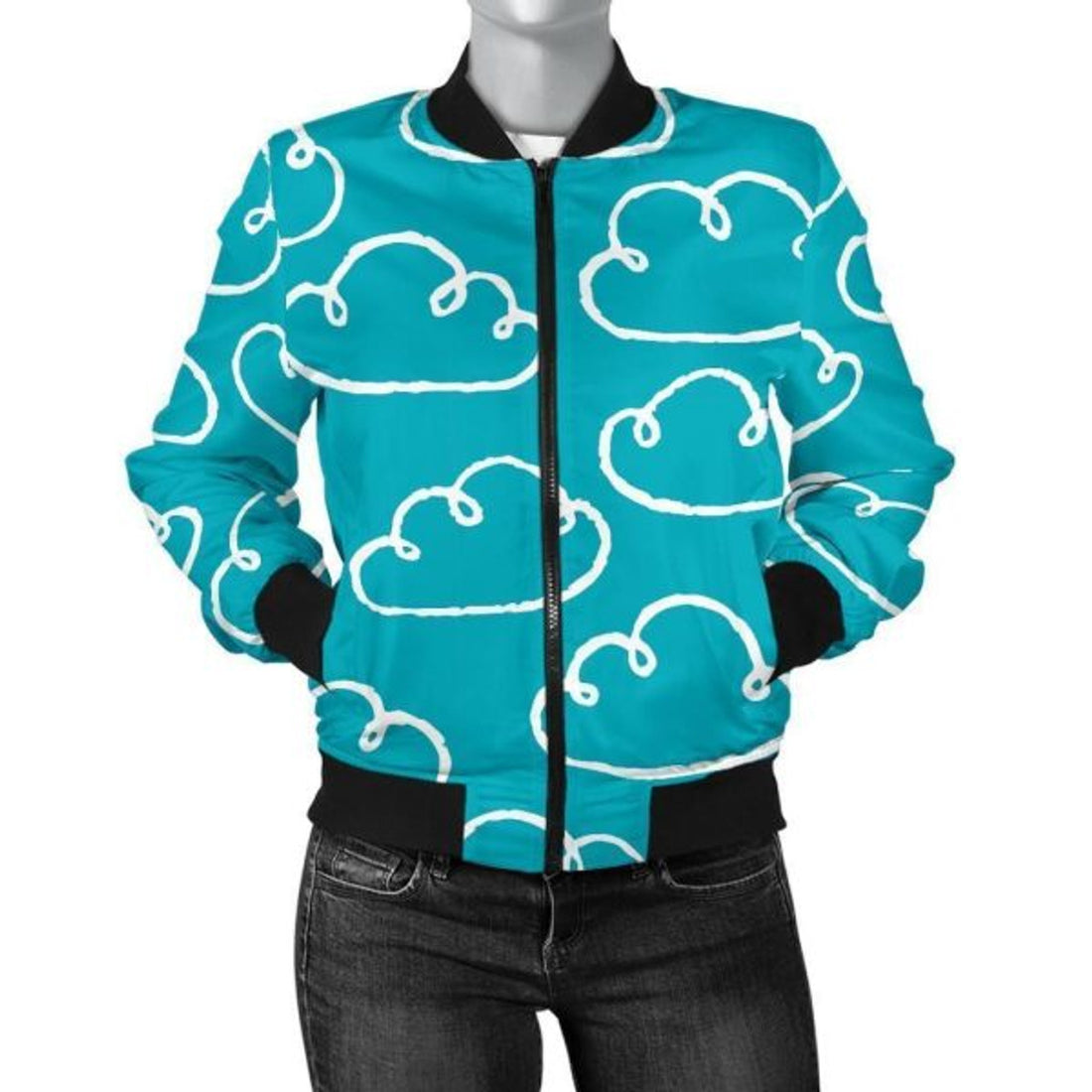 FUNSTUFFPRINT Drawn Cloud Pattern Print Women Casual 3D Bomber Jacket