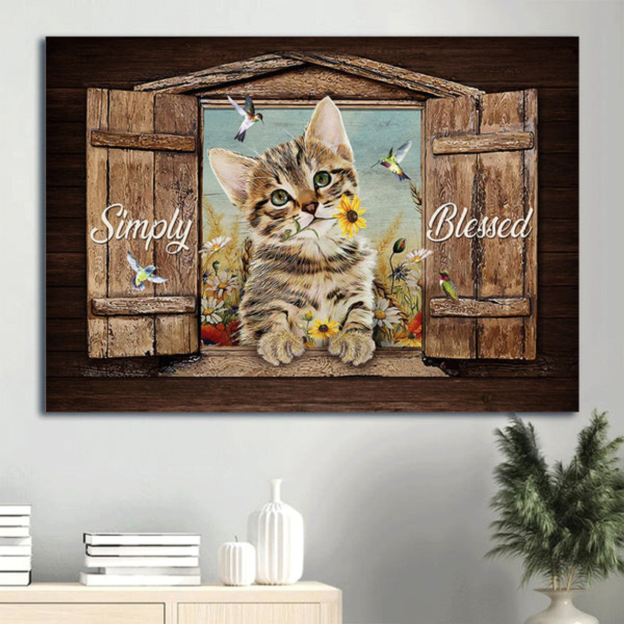Dream Cat Yellow Daisy Colorful Hummingbird Canvas Simply Blessed Canvas Wall Art - Christian Wall Decor