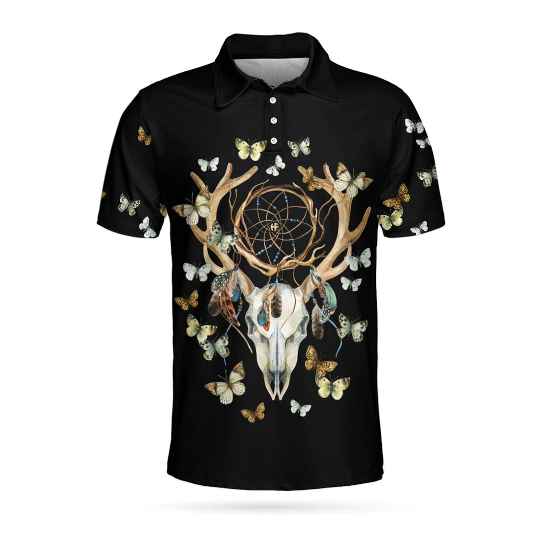 Dream Catcher Skull Deer Butterfly Short Sleeve Polo Shirt, Black Dreamcatcher Shirt For Men, Polo Shirt Gift For Men