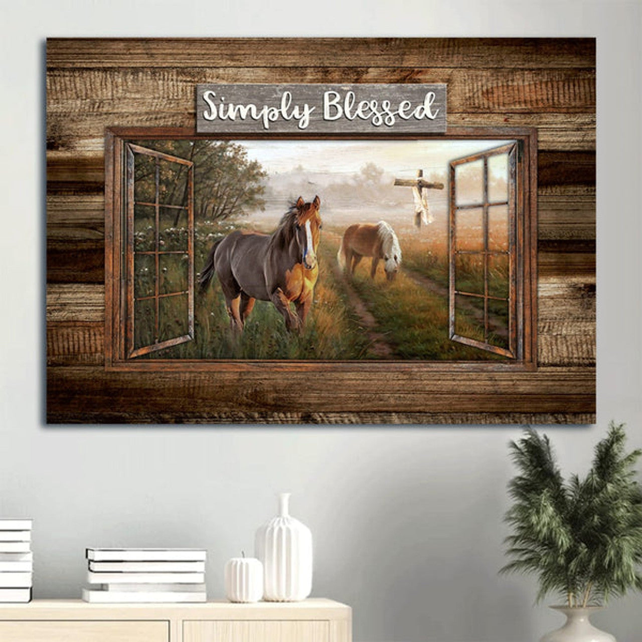 Dream Horses Green Meadow Land Countryside Painting Canvas Simply Blessed Canvas Wall Art - Christian Wall Decor