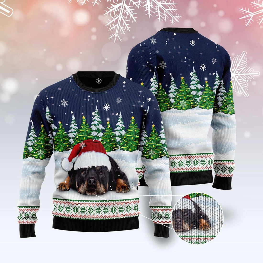 FUNSTUFFPRINT Dreaming Rottweiler Under Snow Ugly Christmas Sweater, Dog Ugly Christmas Sweater, Ugly Dog Sweaters Ugly  Sweater