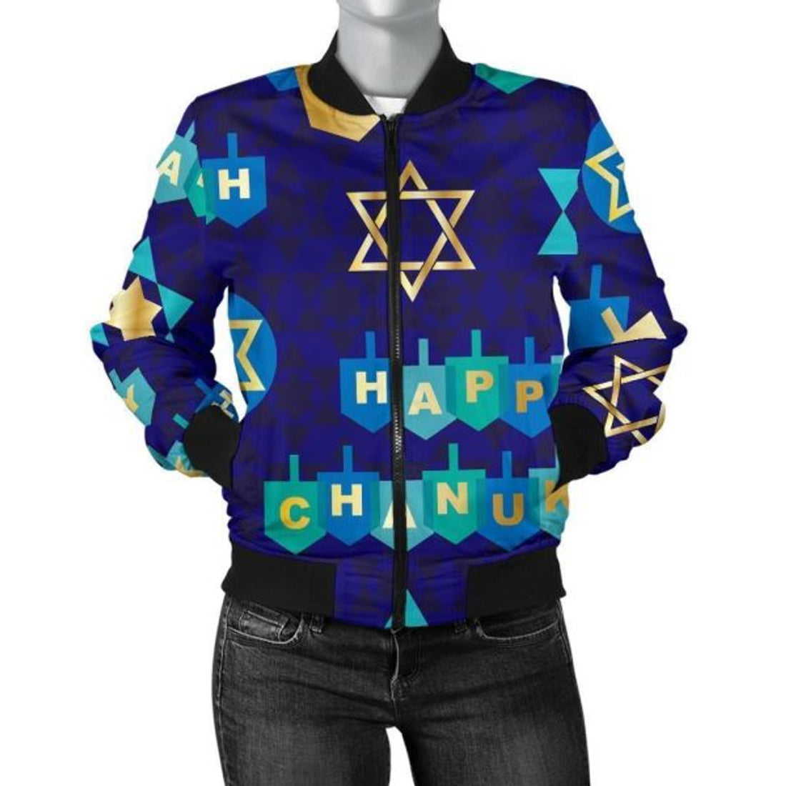 FUNSTUFFPRINT Dreidel Print Pattern Women Casual 3D Bomber Jacket
