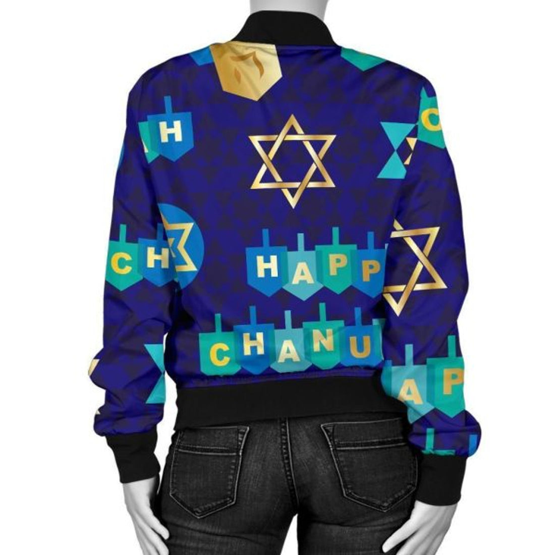 FUNSTUFFPRINT Dreidel Print Pattern Women Casual 3D Bomber Jacket