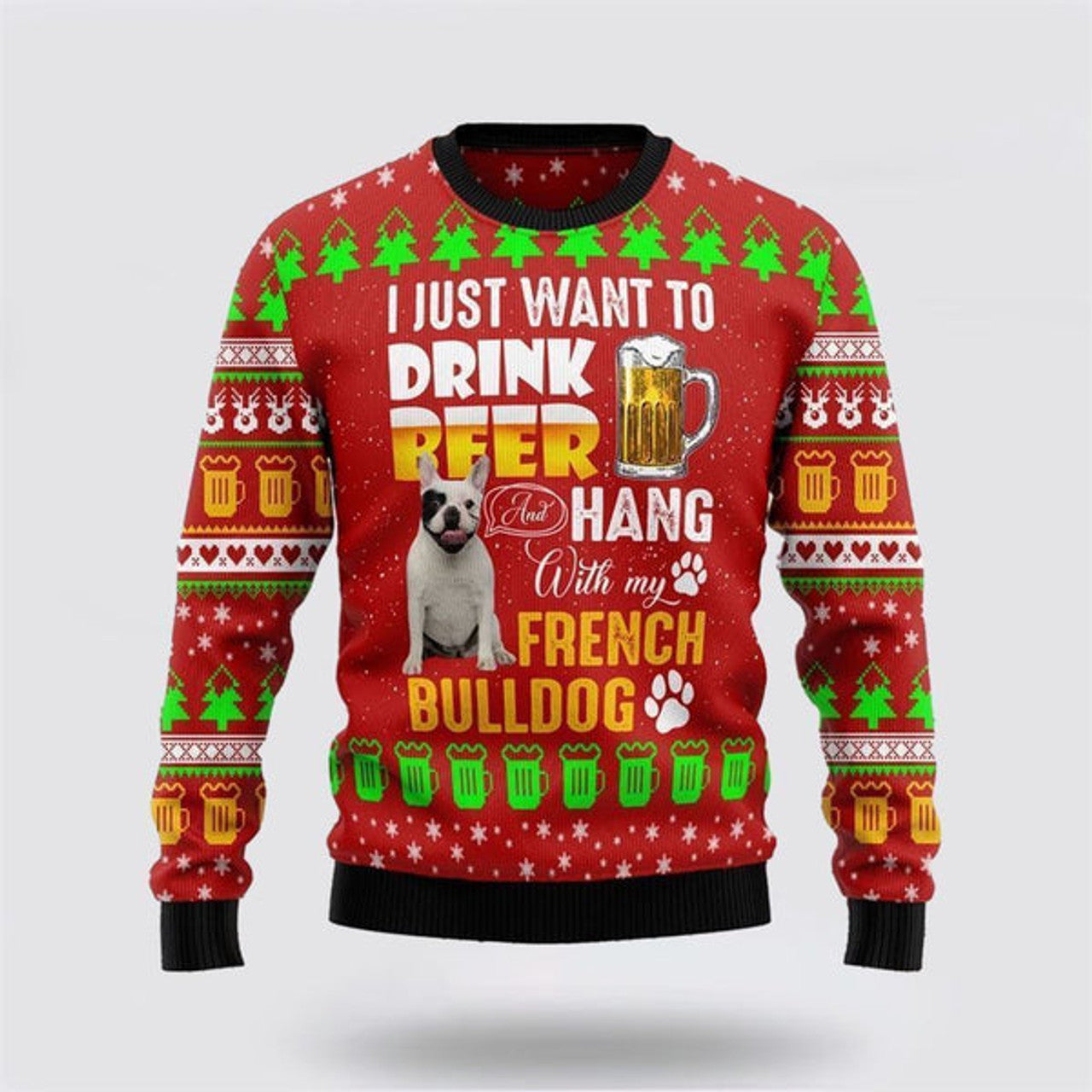 FUNSTUFFPRINT Drink Beer With French Bulldog Ugly Christmas Sweater For Men And Women, Gift For Christmas, Best Winter Christmas Outfit Ugly  Sweater