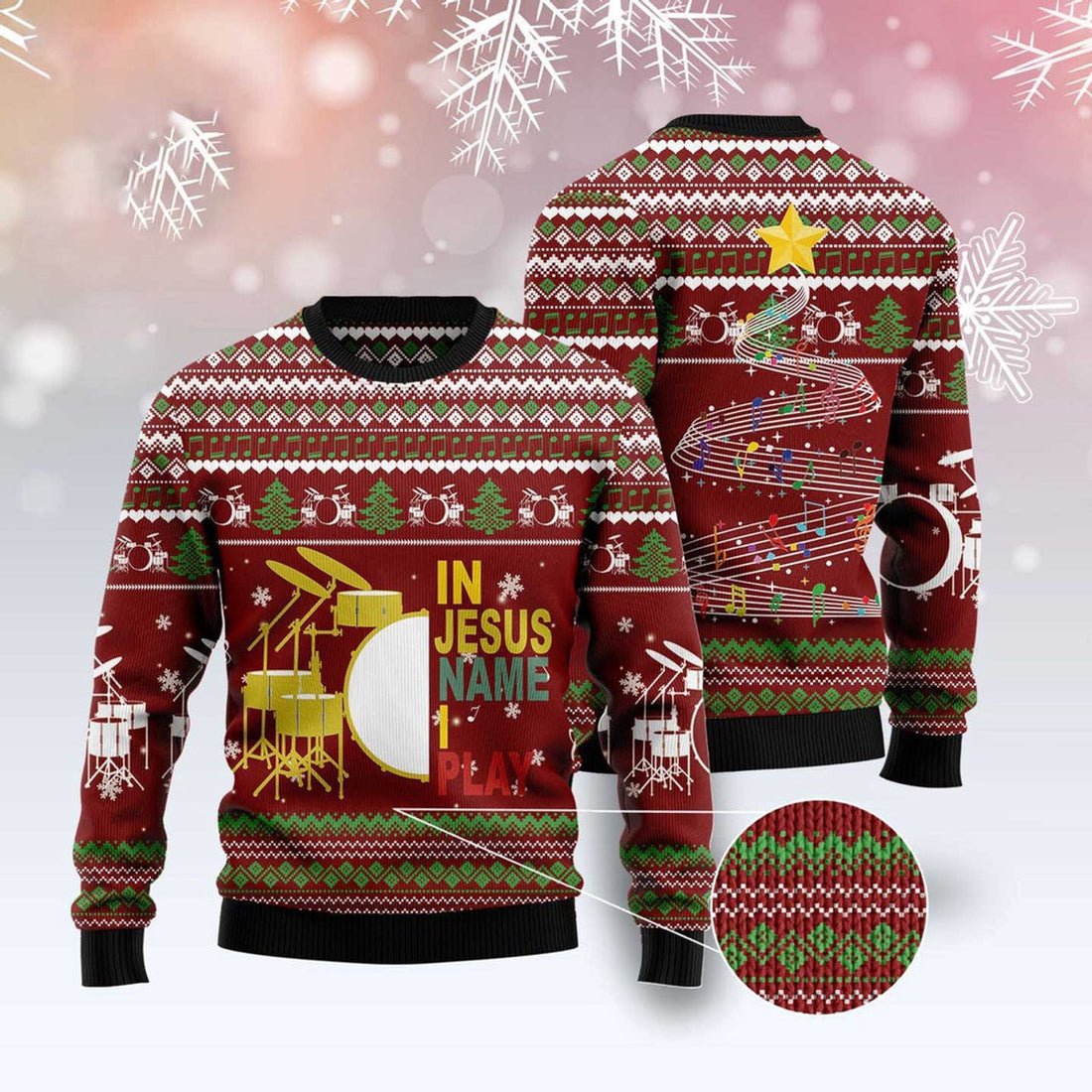 FUNSTUFFPRINT Drum I Play Ugly Christmas Sweater, Christmas Sweater, Ugly Sweater, Funny Xmas Sweaters Ugly Sweater