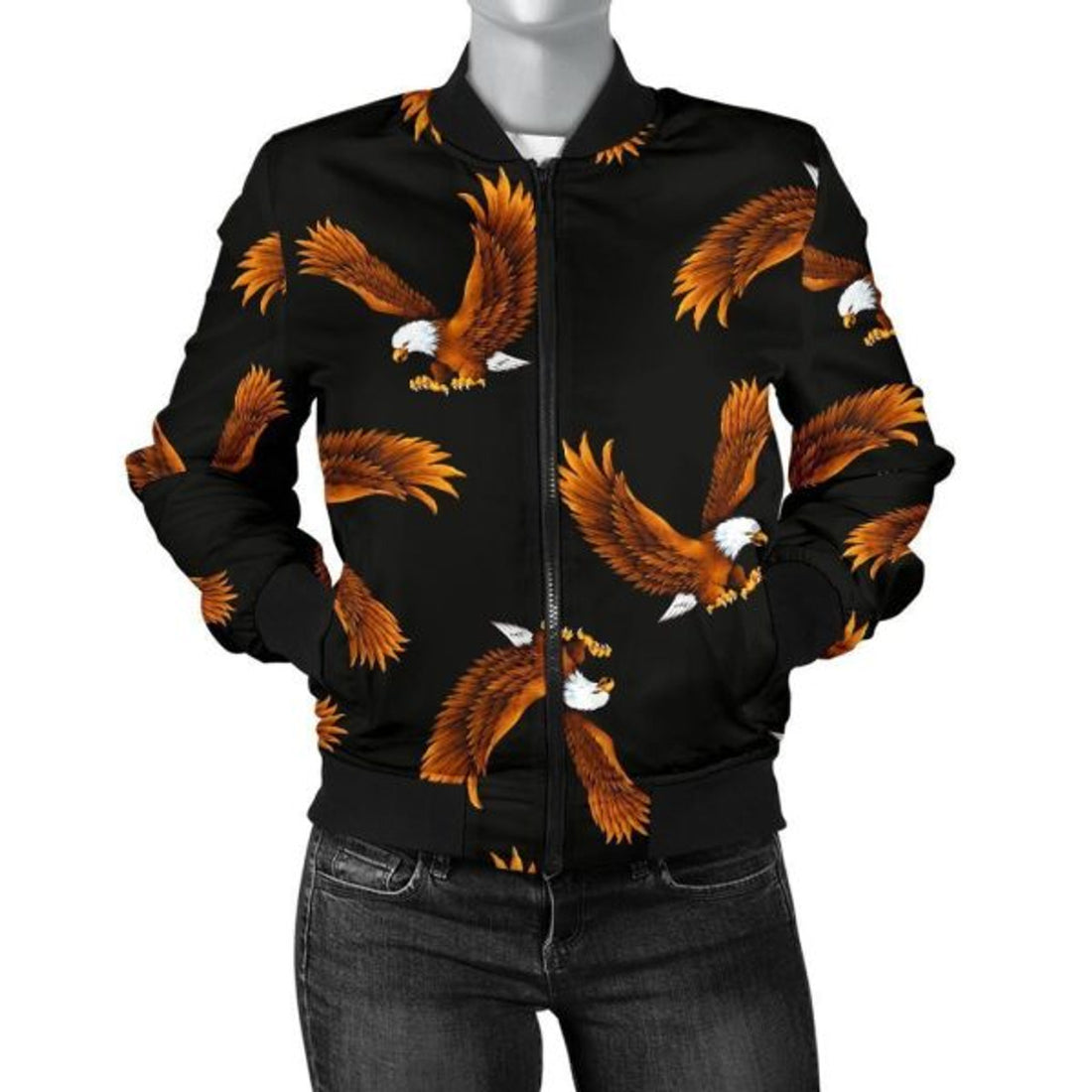 FUNSTUFFPRINT Eagle Black Pattern Print Women Casual 3D Bomber Jacket