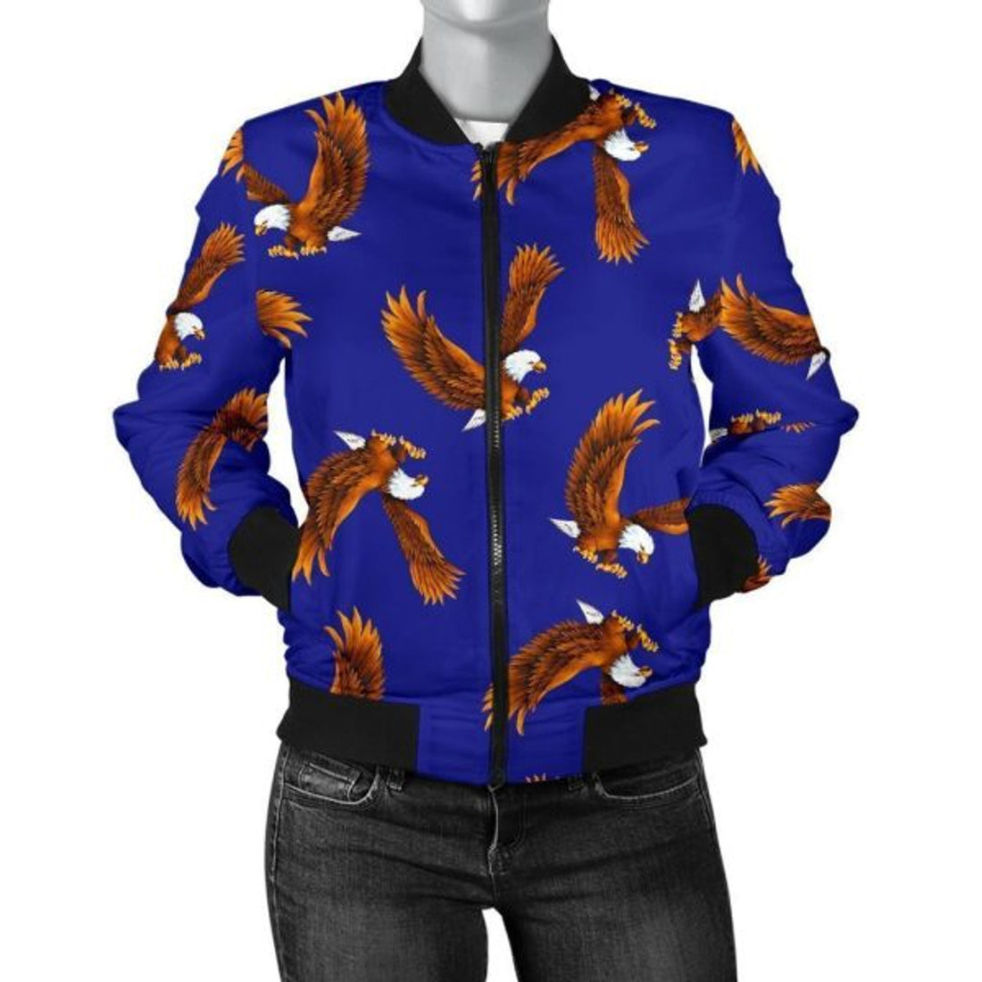 FUNSTUFFPRINT Eagle Blue Pattern Print Women Casual 3D Bomber Jacket