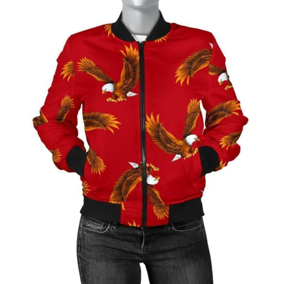 FUNSTUFFPRINT Eagle Red Pattern Print Women Casual 3D Bomber Jacket
