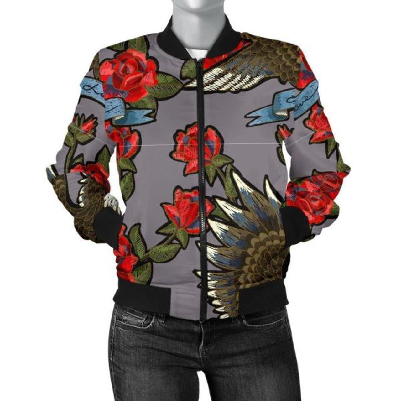 FUNSTUFFPRINT Eagle Rose Pattern Print Women Casual 3D Bomber Jacket