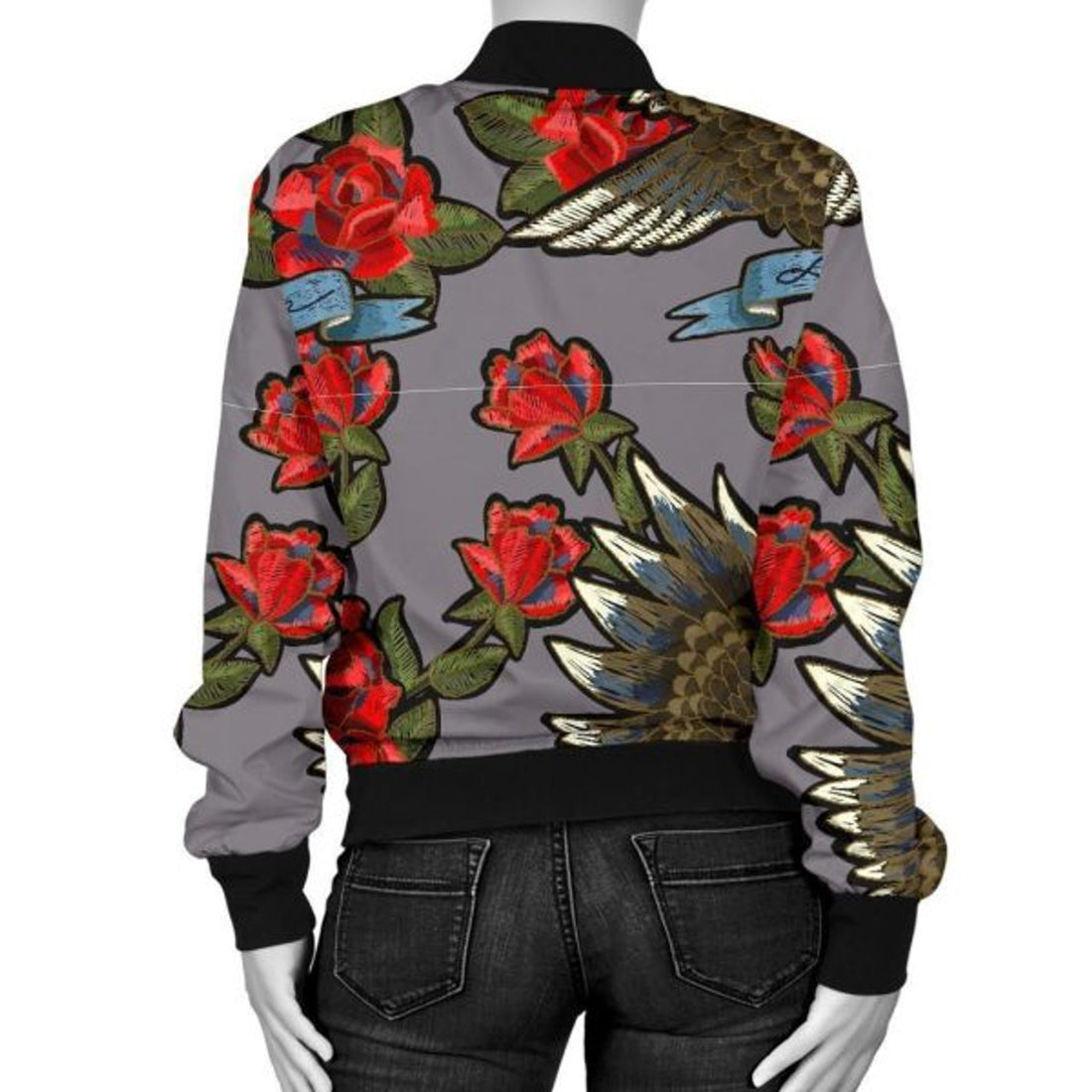 FUNSTUFFPRINT Eagle Rose Pattern Print Women Casual 3D Bomber Jacket