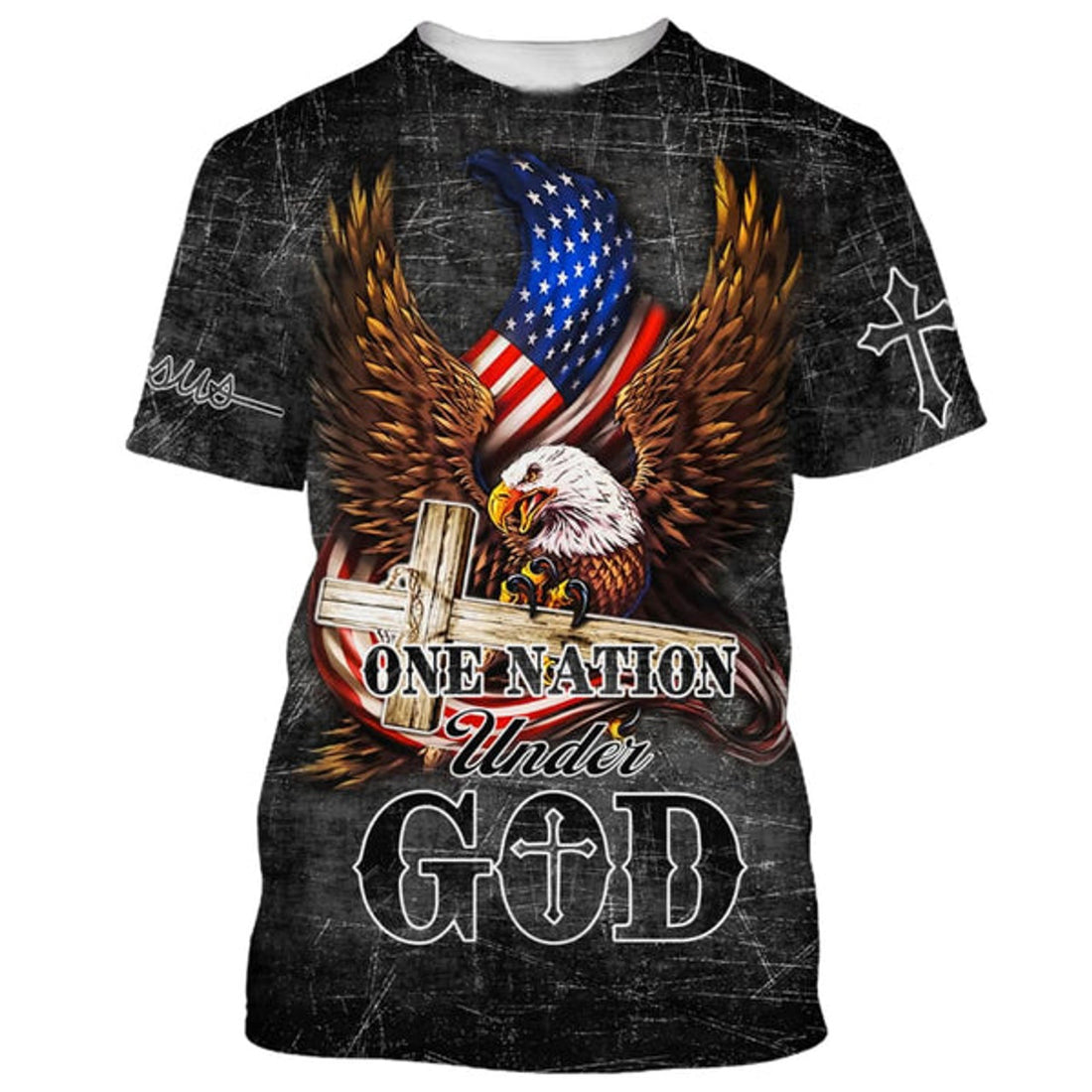 FUNSTUFFPRINT Eagle And Wooden Cross One Nation Under God Christian 3D T-shirt