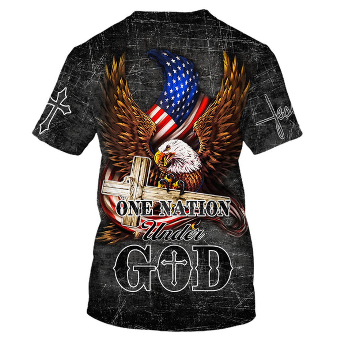 FUNSTUFFPRINT Eagle And Wooden Cross One Nation Under God Christian 3D T-shirt