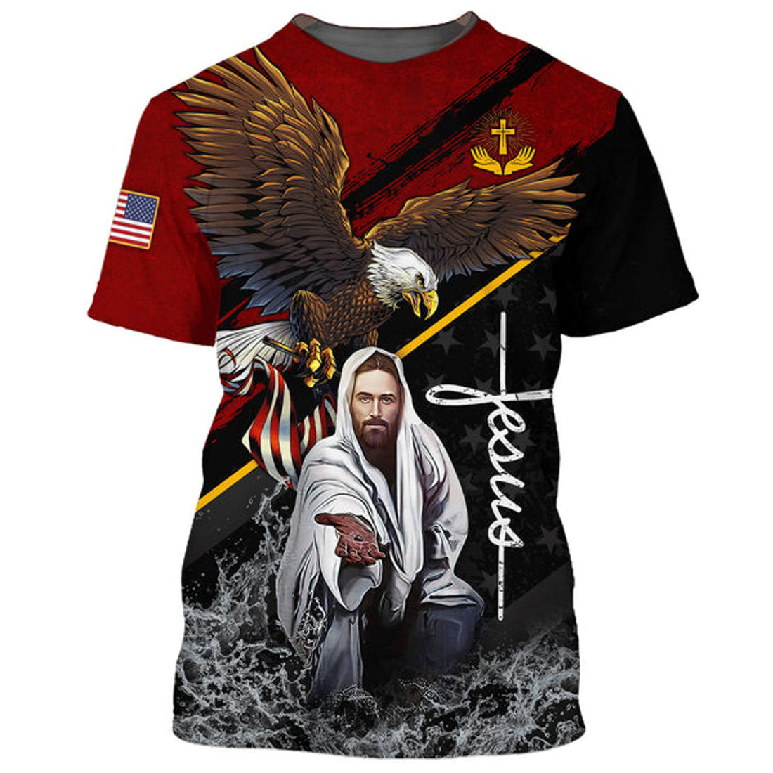 FUNSTUFFPRINT Eagle Jesus Reaching Hand America One Nation Under God 3D All Over Printed Shirt for Men and Women 3D T-shirt