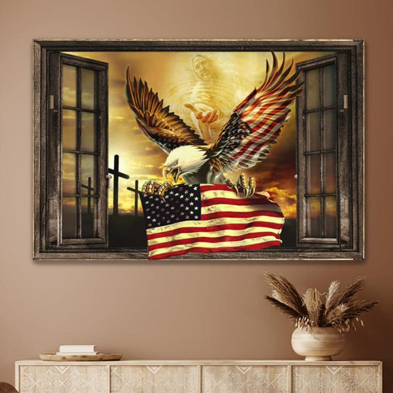 Eagle Through The Windows Jesus American Flag Canvas Wall Art - Christian Poster - Religious Wall Decor