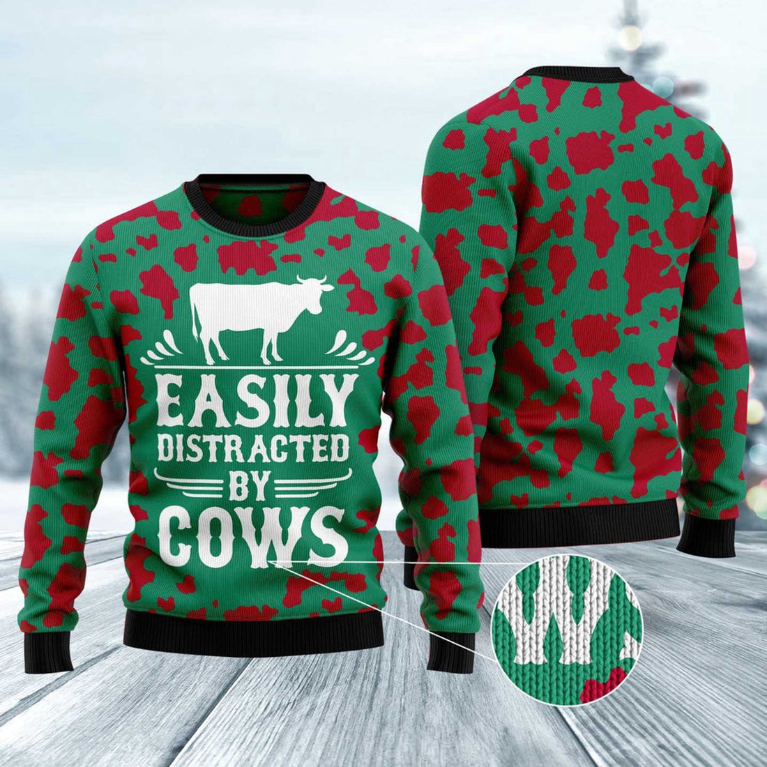 FUNSTUFFPRINT Easily Distracted By Cows Ugly Christmas Sweater, Christmas Sweater, Ugly Sweater, Funny Xmas Sweaters Ugly Sweater