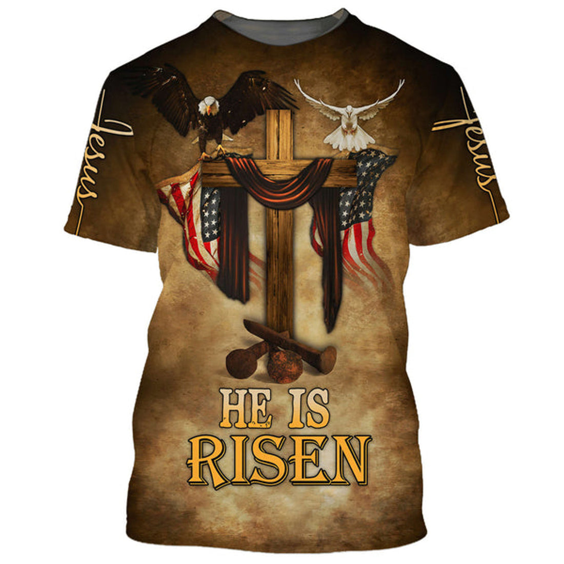 FUNSTUFFPRINT Easter He Is Risen Eagle Dove Vintage Wooden Cross 3D All Over Printed Shirt for Men and Women 3D T-shirt