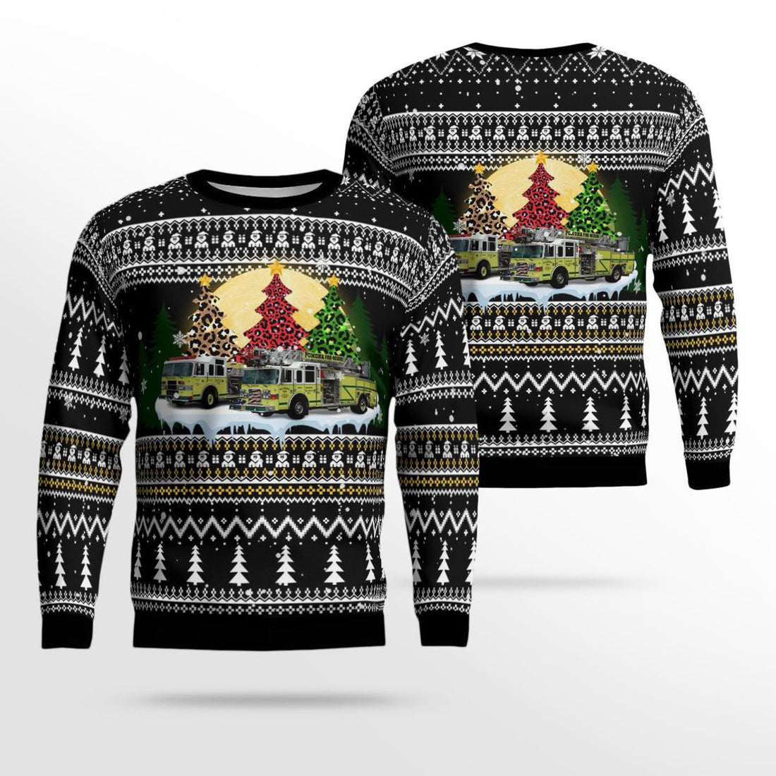 FUNSTUFFPRINT Egg Harbor City, NJ, Galloway Township Fire Department Pomona Volunteer Fire Company No.3 Christmas Ugly Sweater 3D - Gifts For Firefighters In NJ Ugly Sweater