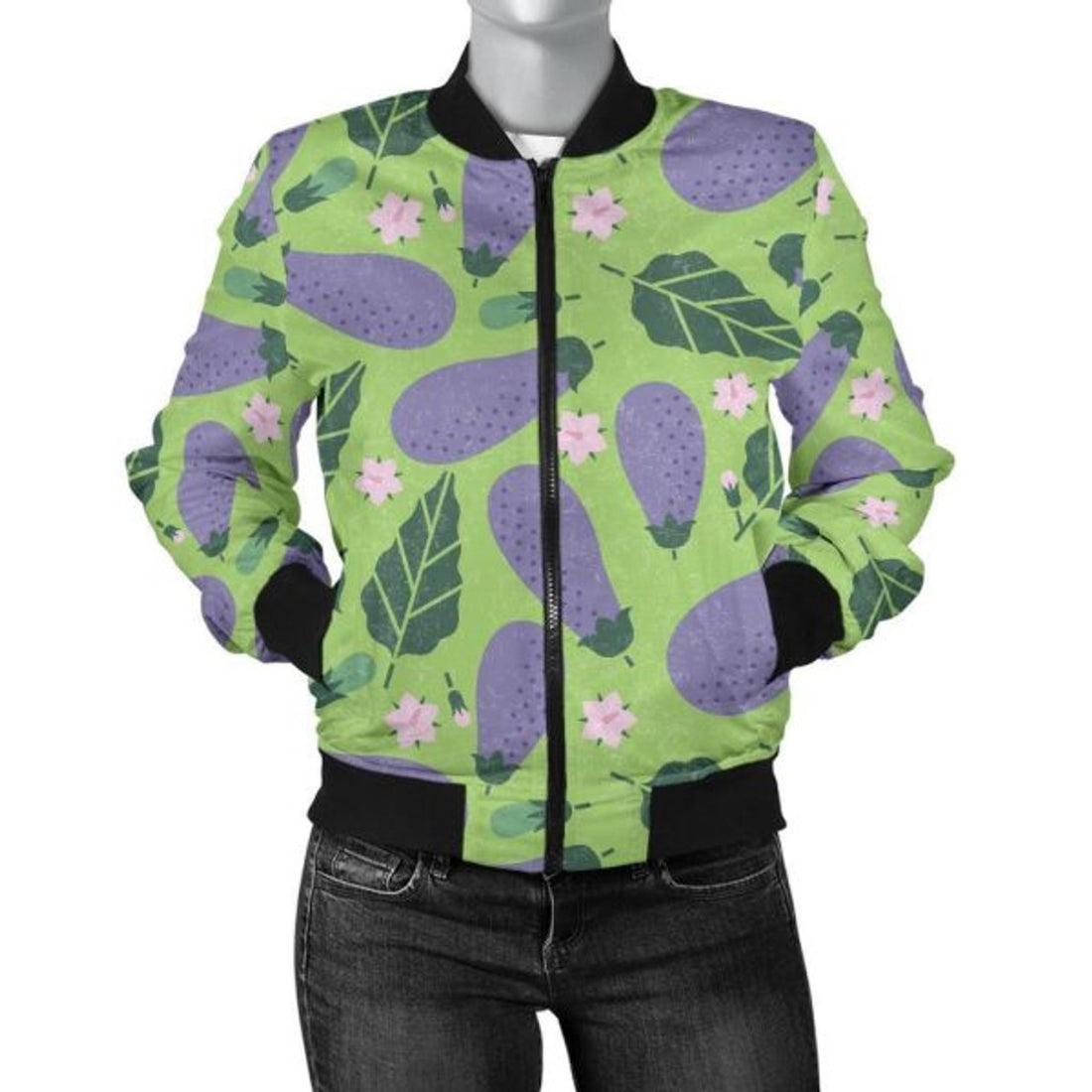 FUNSTUFFPRINT Eggplant Cute Pattern Print Women Casual 3D Bomber Jacket