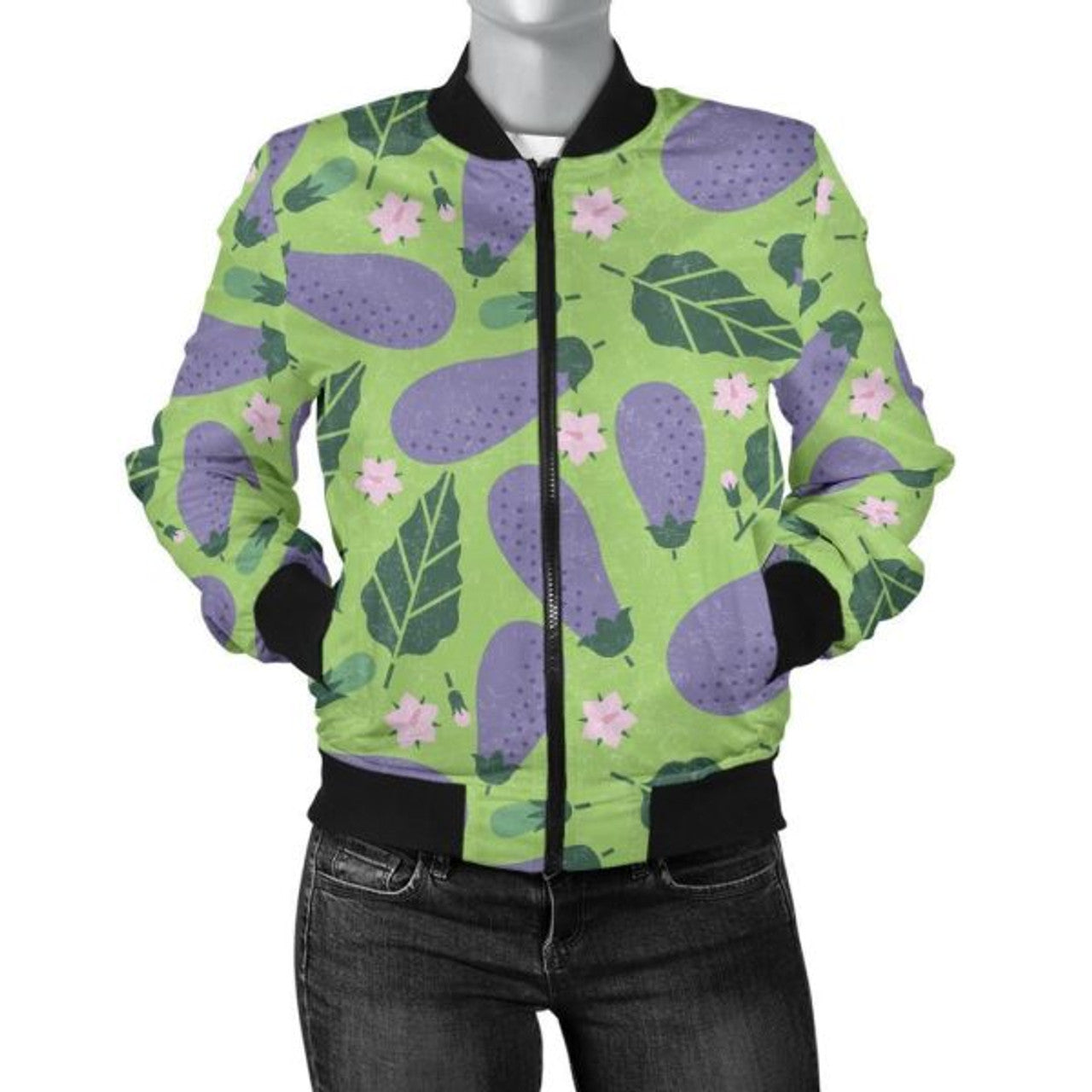 FUNSTUFFPRINT Eggplant Cute Pattern Print Women Casual 3D Bomber Jacket