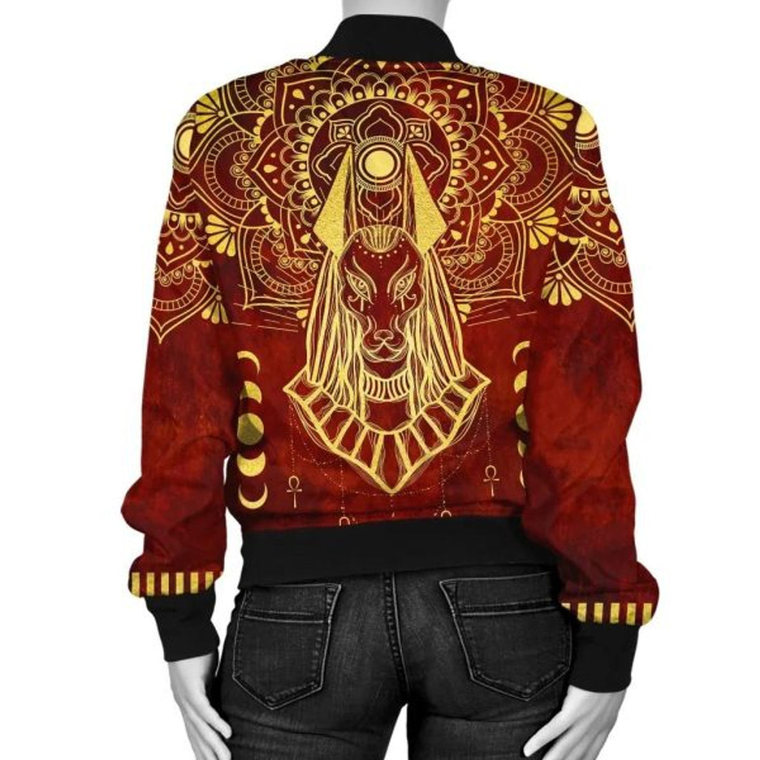 FUNSTUFFPRINT Egypt Bomber Jacket - Egyptian Anubis Pattern Women Red 3D Bomber Jacket