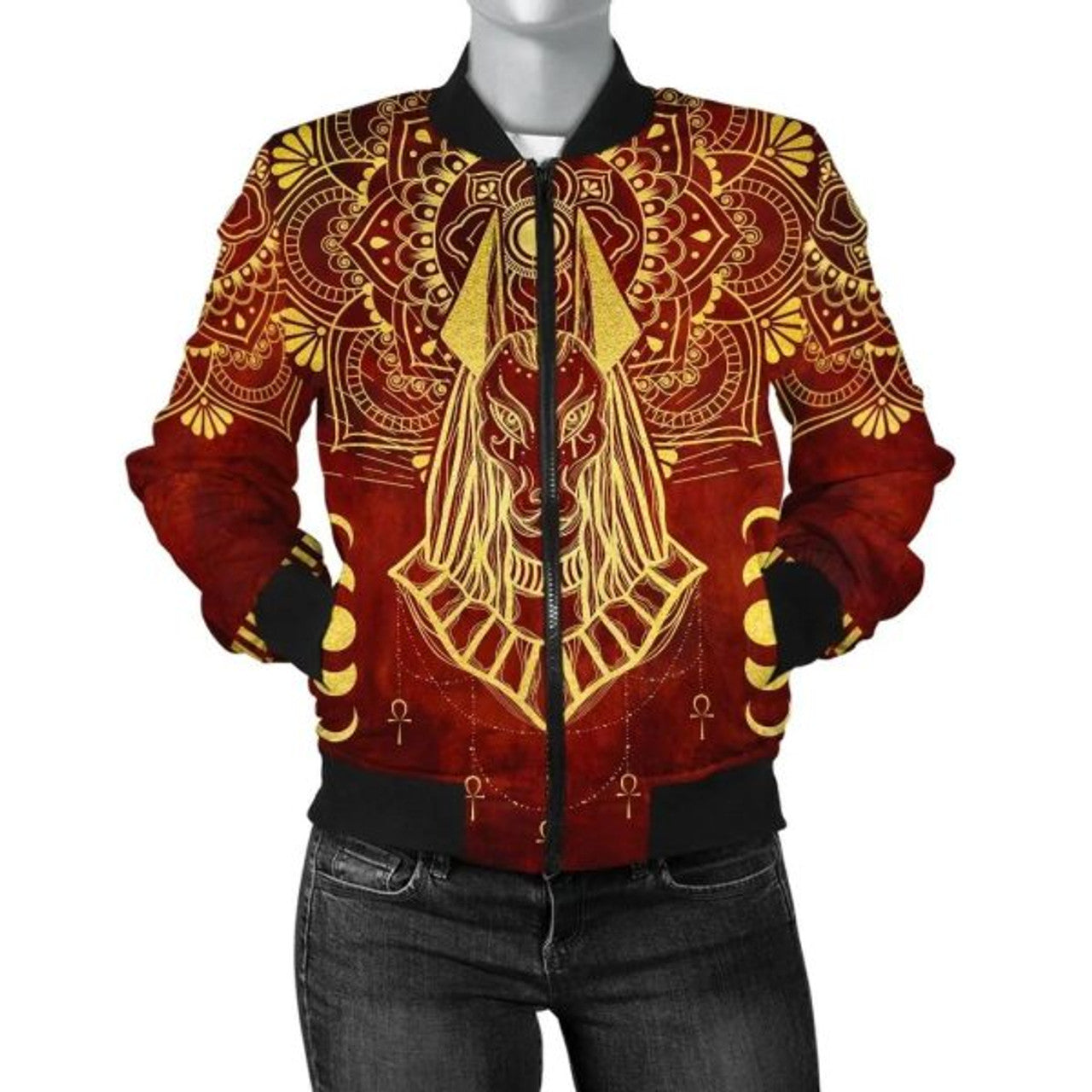 FUNSTUFFPRINT Egypt Bomber Jacket - Egyptian Anubis Pattern Women Red 3D Bomber Jacket