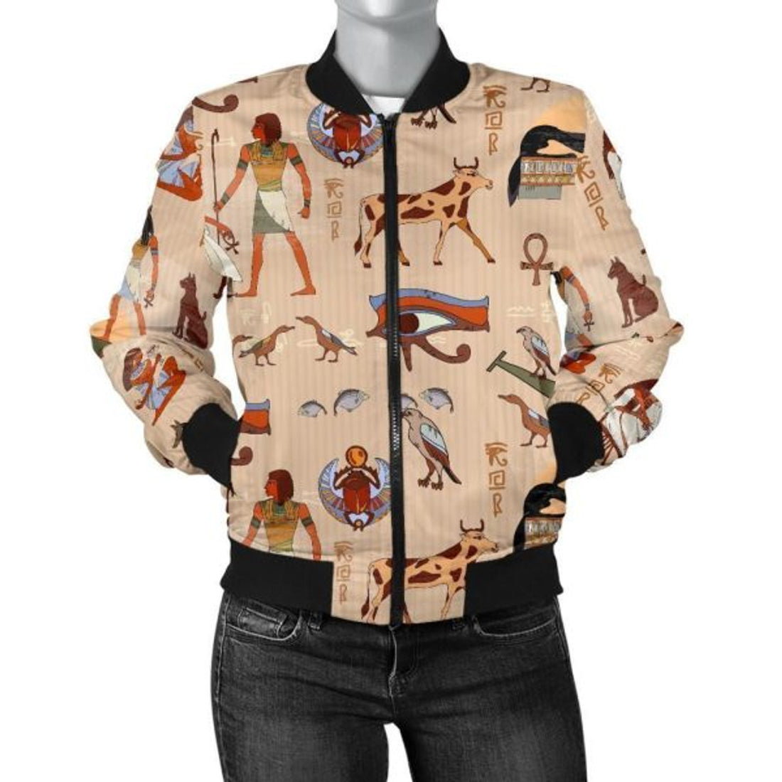 FUNSTUFFPRINT Egyptian Print Pattern Women Casual 3D Bomber Jacket