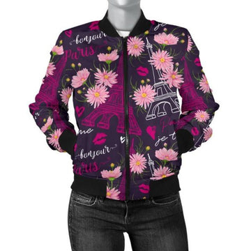FUNSTUFFPRINT Eiffel Tower Floral Pattern Print Women Casual 3D Bomber Jacket
