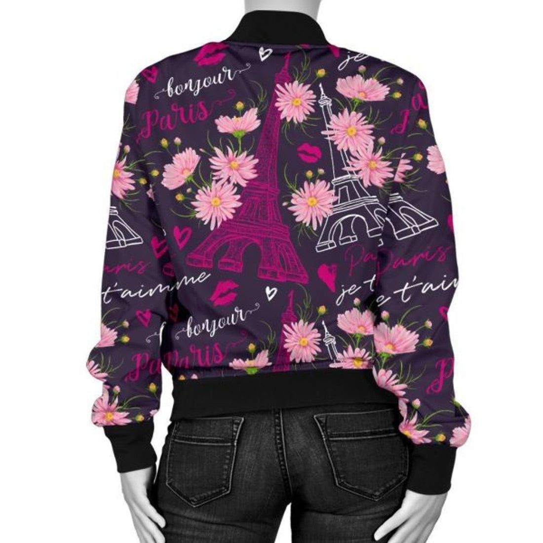 FUNSTUFFPRINT Eiffel Tower Floral Pattern Print Women Casual 3D Bomber Jacket