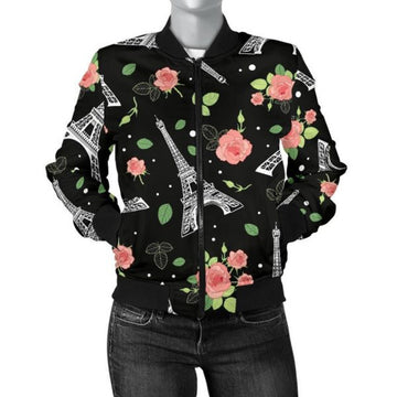 FUNSTUFFPRINT Eiffel Tower Floral Print Pattern Women Casual 3D Bomber Jacket