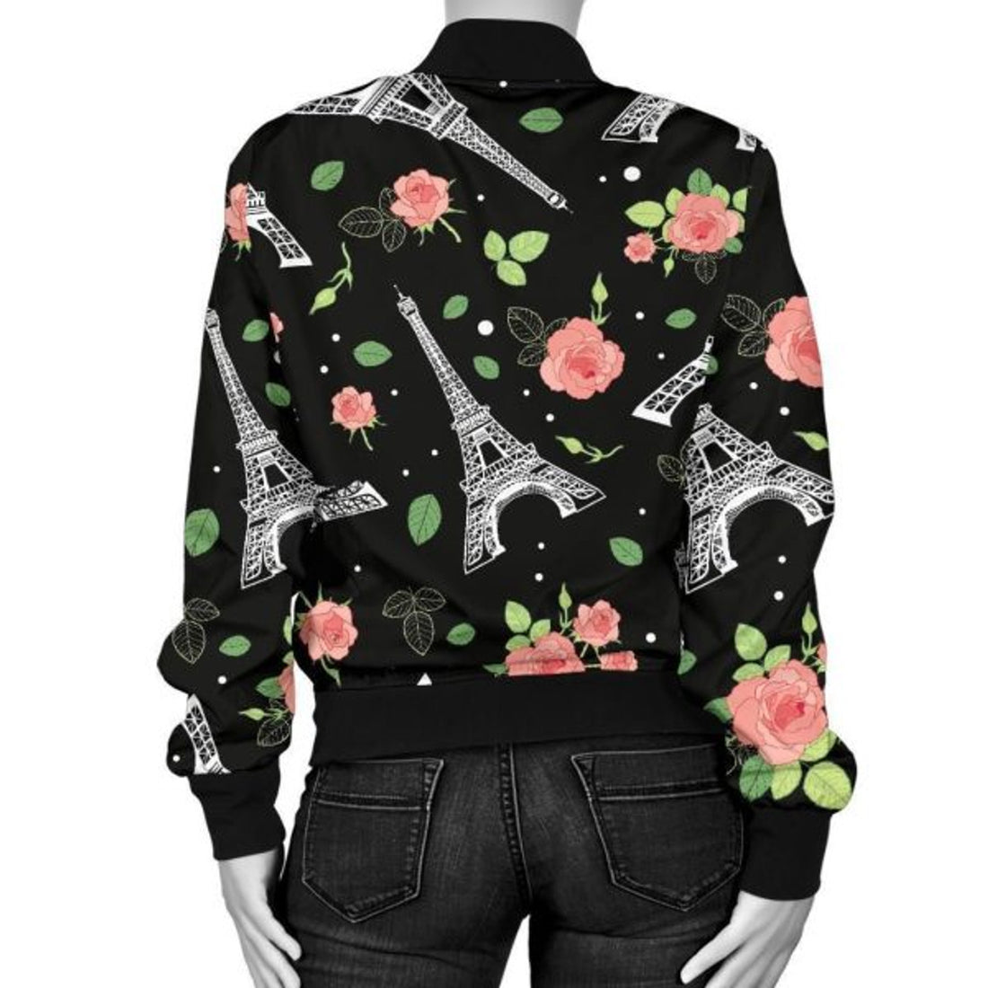 FUNSTUFFPRINT Eiffel Tower Floral Print Pattern Women Casual 3D Bomber Jacket