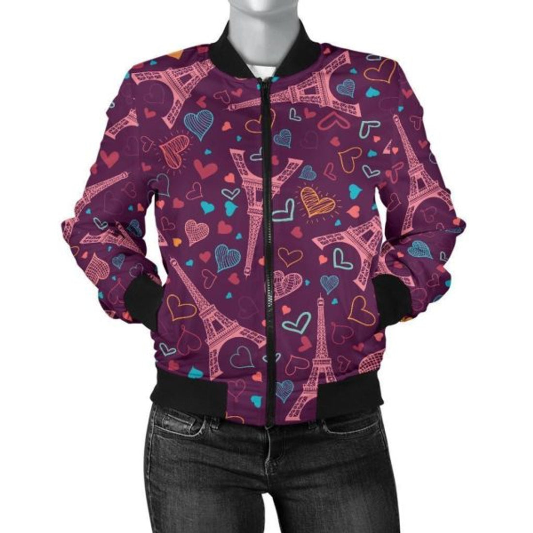 FUNSTUFFPRINT Eiffel Tower Heart Pattern Print Women Casual 3D Bomber Jacket
