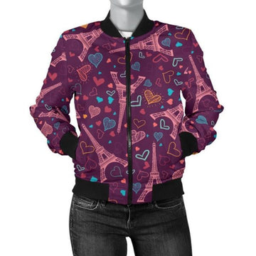 FUNSTUFFPRINT Eiffel Tower Heart Pattern Print Women Casual 3D Bomber Jacket