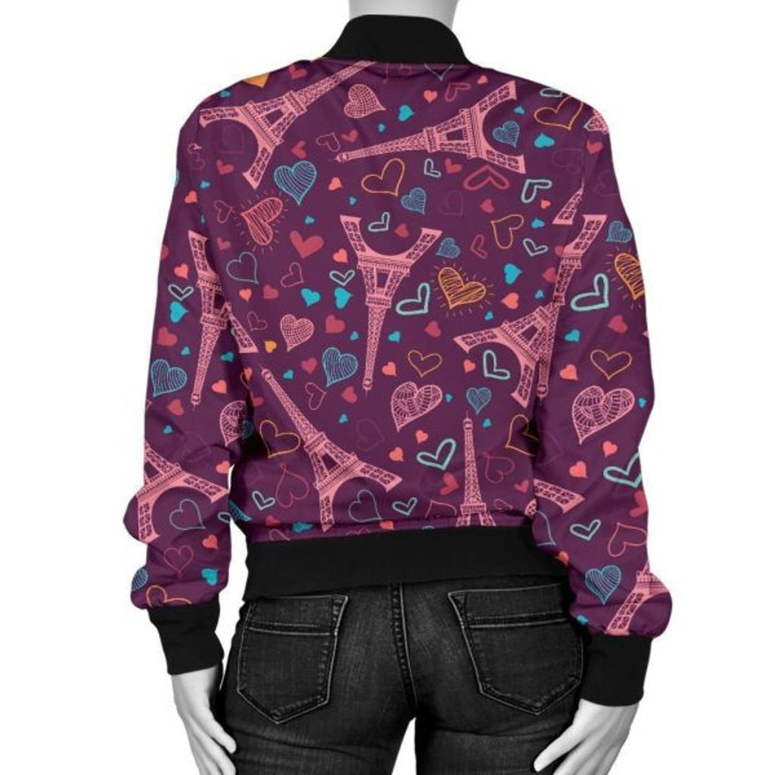 FUNSTUFFPRINT Eiffel Tower Heart Pattern Print Women Casual 3D Bomber Jacket