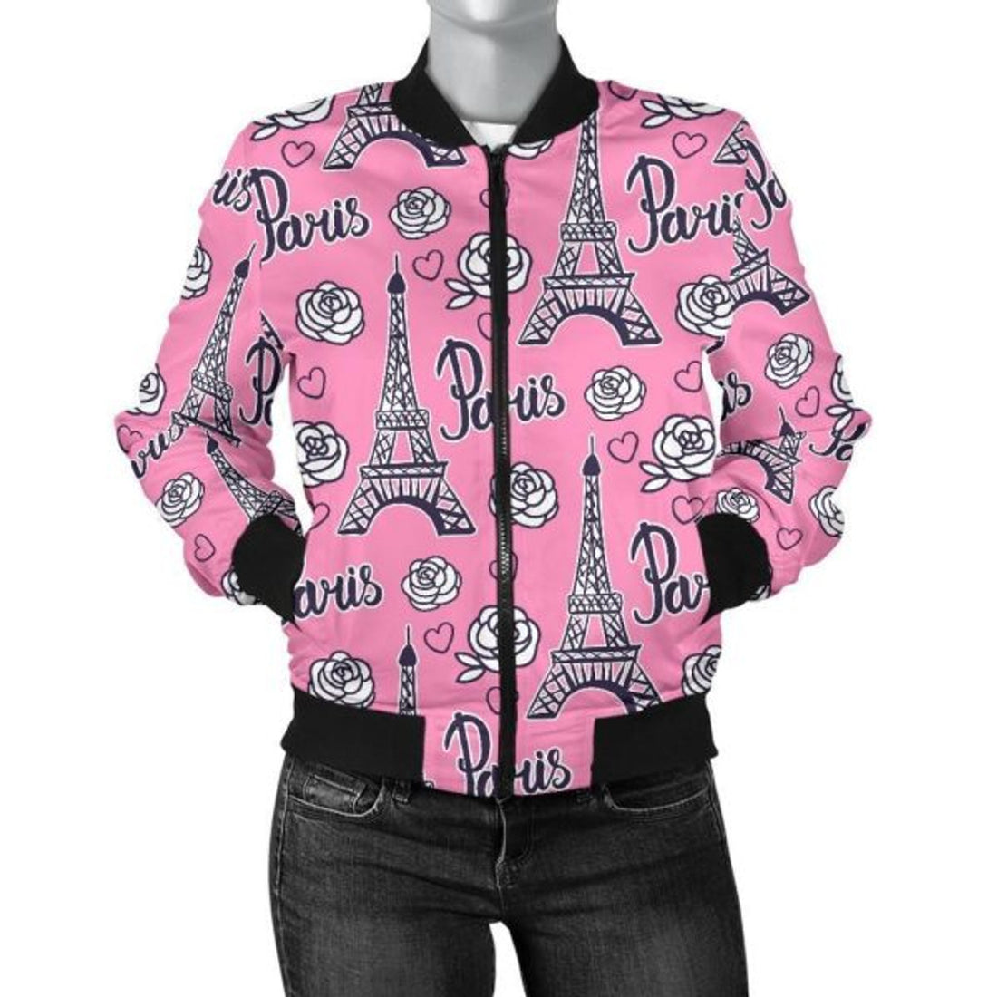 FUNSTUFFPRINT Eiffel Tower Print Pattern Women Casual 3D Bomber Jacket