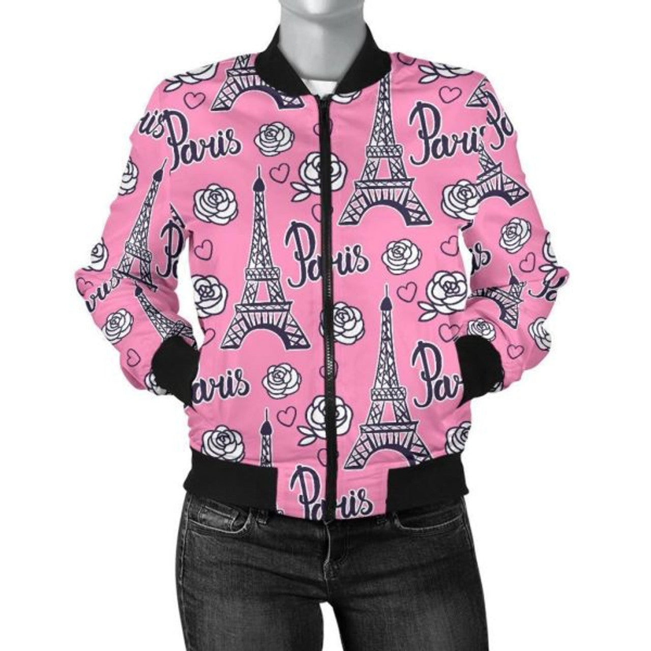 FUNSTUFFPRINT Eiffel Tower Print Pattern Women Casual 3D Bomber Jacket