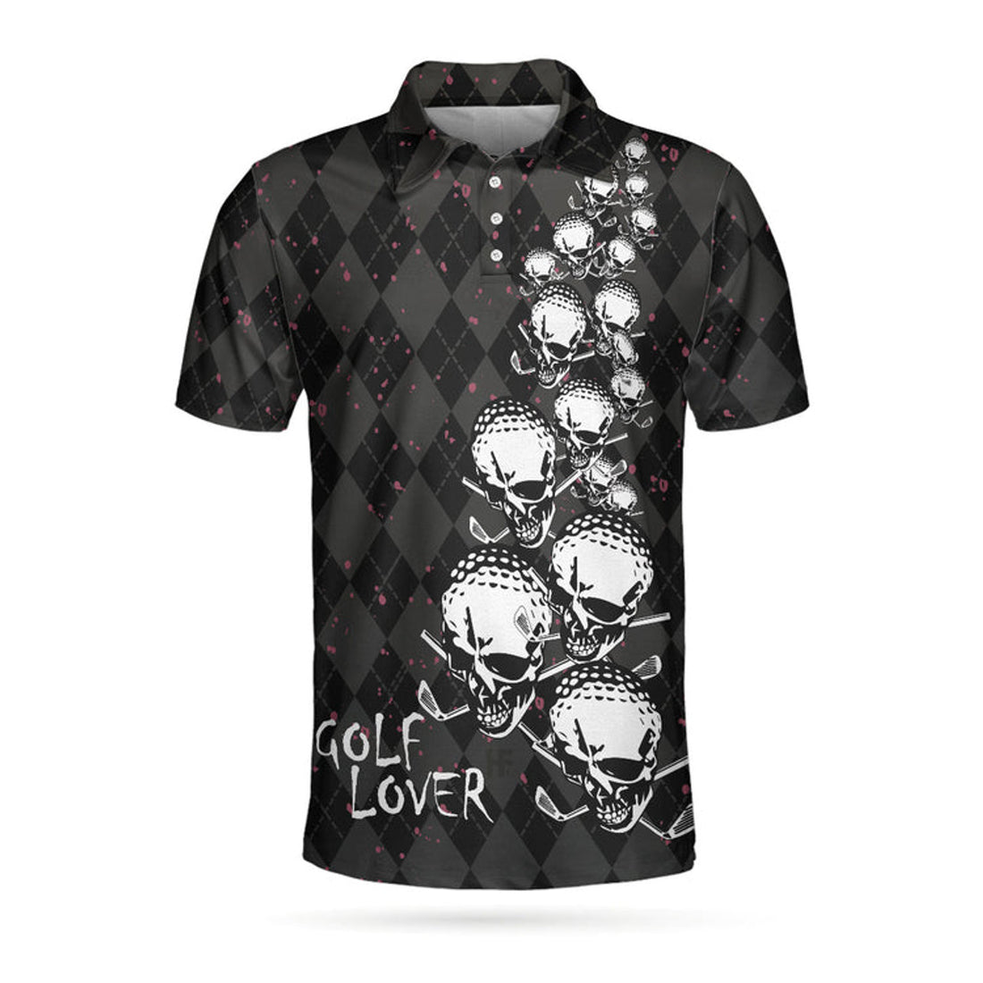Elegant Argyle Pattern And Skull Golf Lover Polo Shirt, Black Skull Golf Shirt For Men