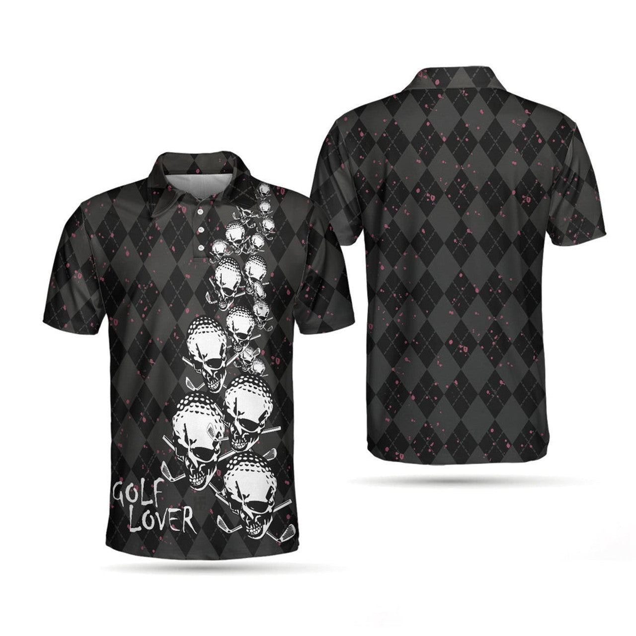 Elegant Argyle Pattern And Skull Golf Lover Polo Shirt, Black Skull Golf Shirt For Men