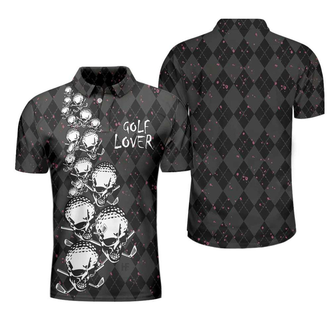 Elegant Argyle Pattern And Skull Golf Lover Polo Shirt V2, Black Skull Golf Shirt For Men