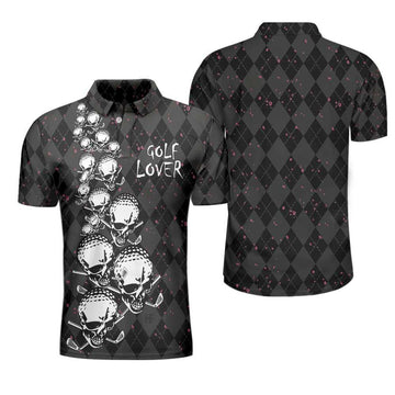 Elegant Argyle Pattern And Skull Golf Lover Polo Shirt V2, Black Skull Golf Shirt For Men