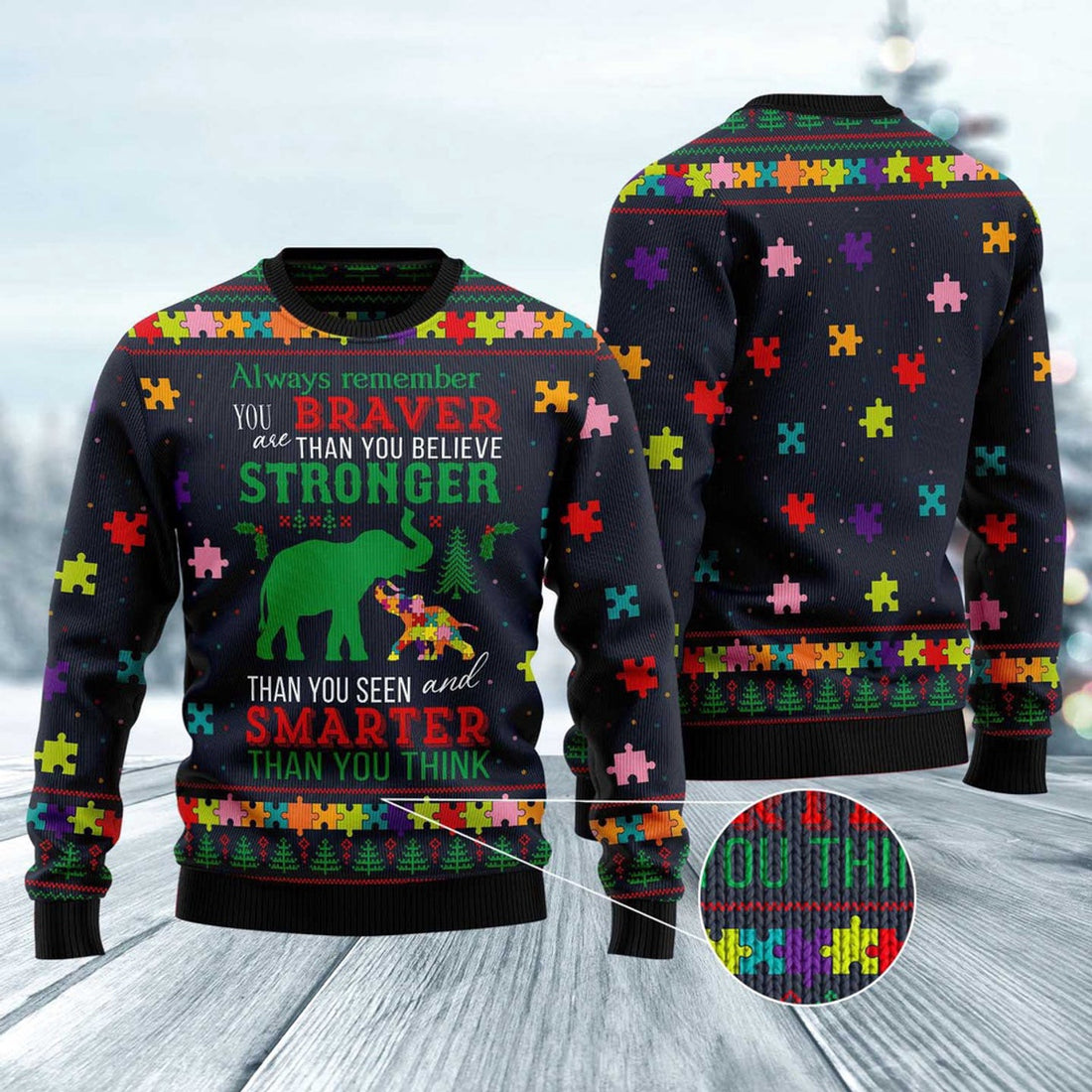 FUNSTUFFPRINT Elephant Autism Awareness Ugly Christmas Sweater, Christmas Sweater, Ugly Sweater, Funny Xmas Sweaters Ugly Sweater