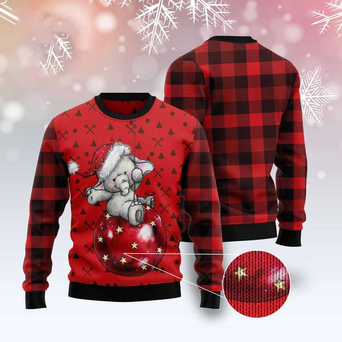 FUNSTUFFPRINT Elephant Cute Red Pattern Ugly Christmas Sweater, Christmas Sweater, Ugly Sweater, Funny Xmas Sweaters Ugly Sweater