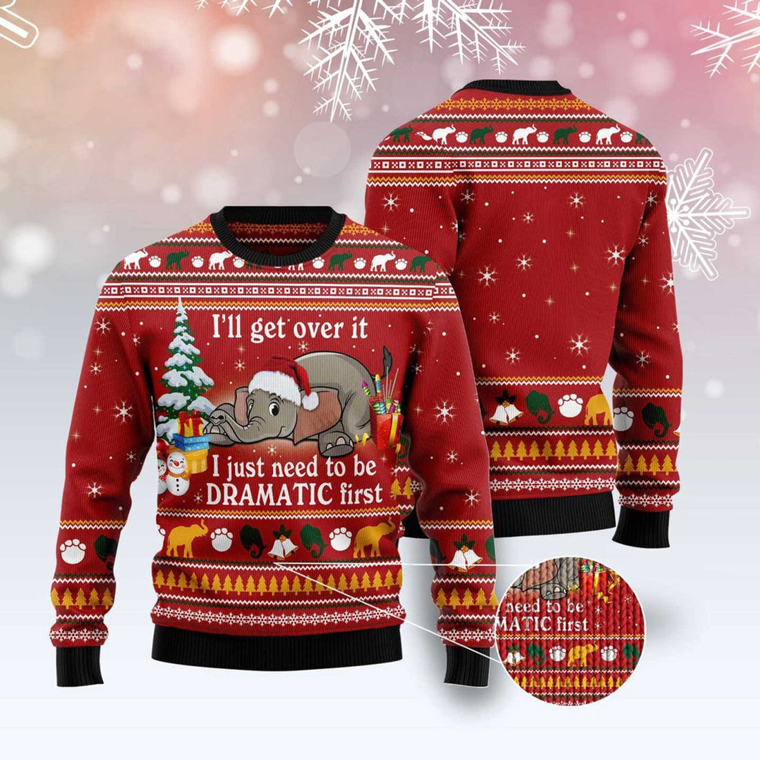 FUNSTUFFPRINT Elephant I 'llGet Over It Ugly Christmas Sweater, Christmas Sweater, Ugly Sweater, Funny Xmas Sweaters Ugly Sweater