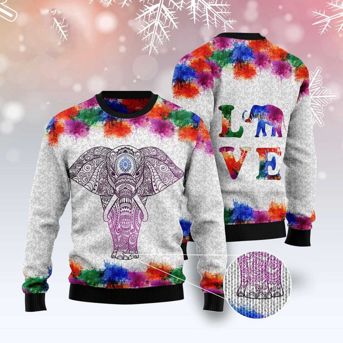 FUNSTUFFPRINT Elephant Mandala Color Ugly Christmas Sweater, Christmas Sweater, Ugly Sweater, Funny Xmas Sweaters Ugly Sweater