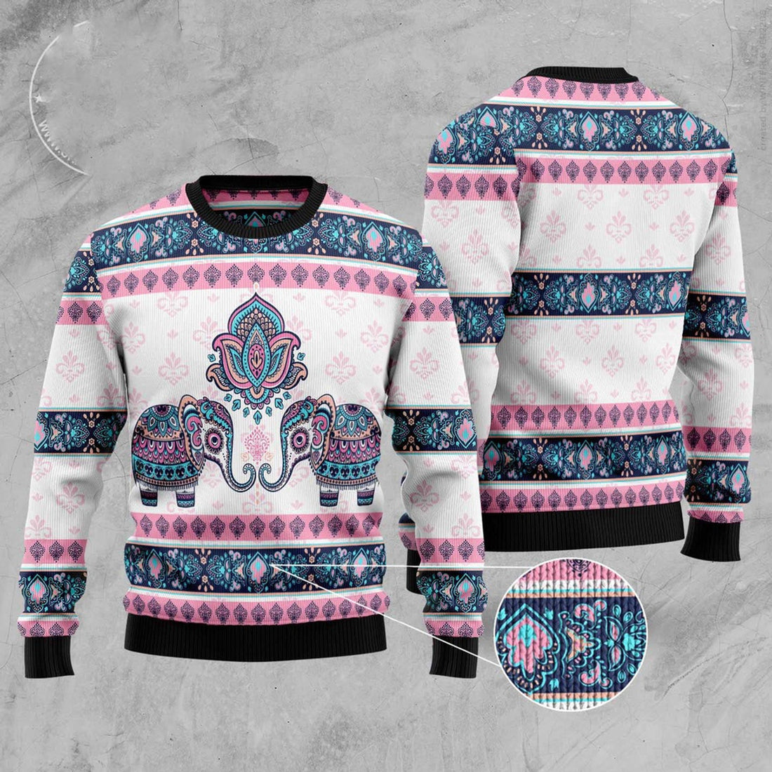 FUNSTUFFPRINT Elephant Mandala Ugly Christmas Sweater, Christmas Sweater, Ugly Sweater, Funny Xmas Sweaters Ugly Sweater