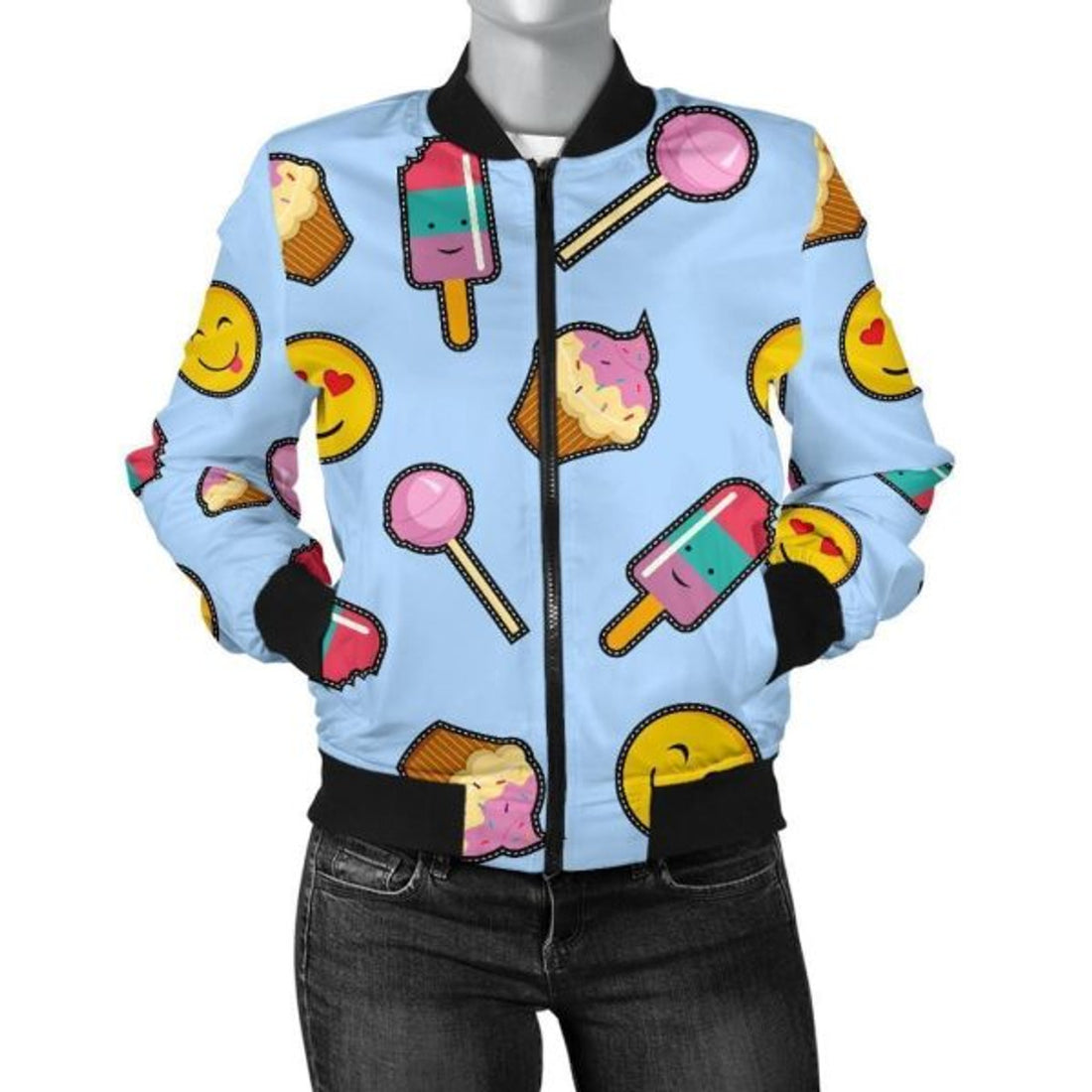 FUNSTUFFPRINT Emoji Dessert Pattern Print Women Casual 3D Bomber Jacket