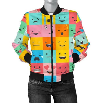 FUNSTUFFPRINT Emoji Pattern Print Women Casual 3D Bomber Jacket