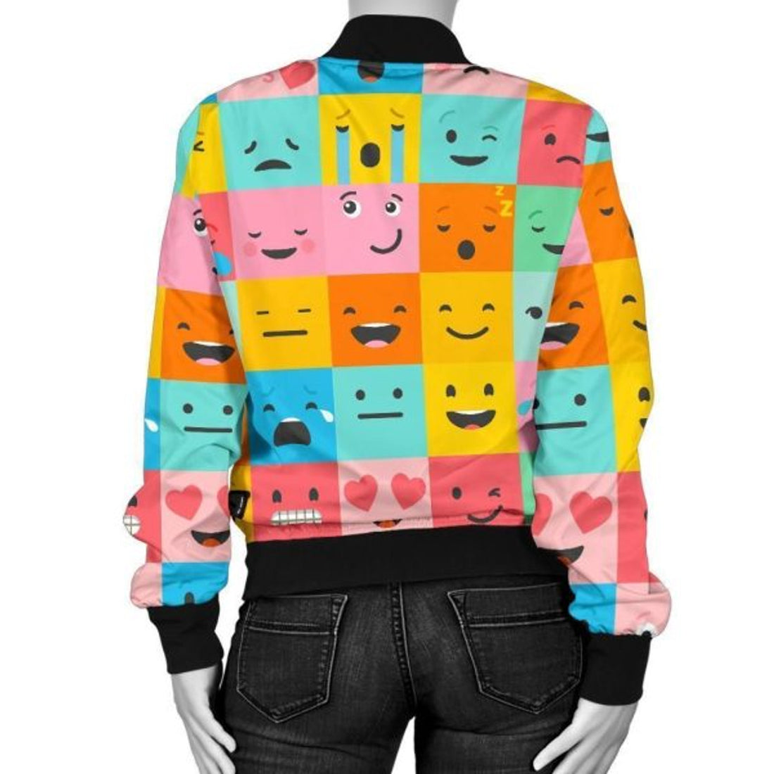 FUNSTUFFPRINT Emoji Pattern Print Women Casual 3D Bomber Jacket