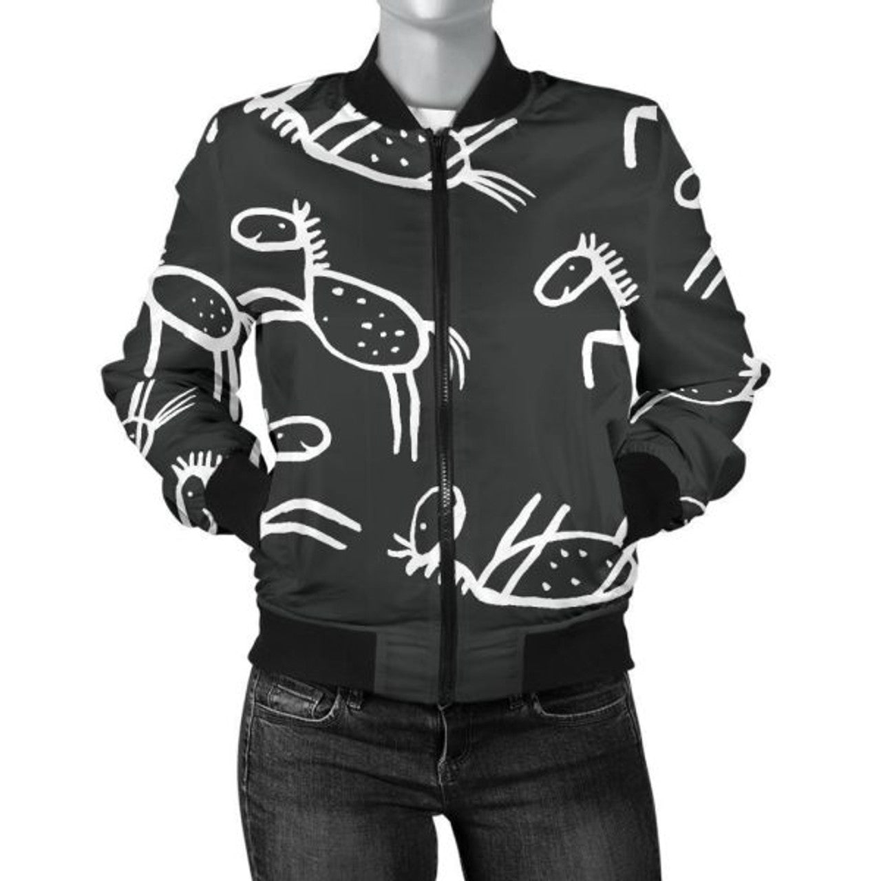 FUNSTUFFPRINT Equestrian Drawn Pattern Print Women Casual 3D Bomber Jacket